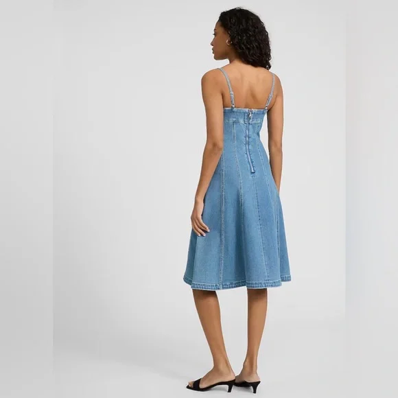 Square Neck Midi Denim Fit and Flare Dress Express - Picture 4 of 10